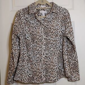 Chico's Leopard Print No Iron Long Sleeve Button Down Blouse Top Size M